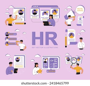  Grandes ilustraciones de contratación. Directores de Hr buscando nuevo empleado, leyendo CV y dando revisión a candidatos de trabajo. Concepto de agencia de contratación. Ilustración del vector aislada en el fondo