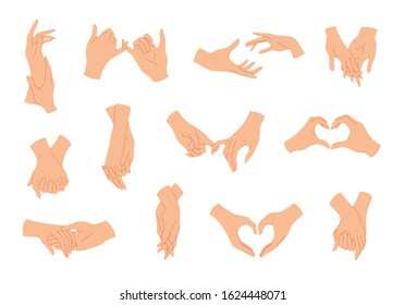 Big set of holding hands couples with interlocked or intertwined fingers. Symbol of people in love, romance relationship, support, dating, friendship. Vector illustration isolated on white background
