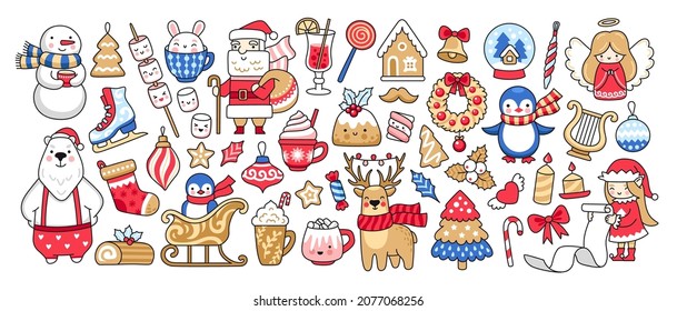 Big set of holiday christmas illustrations: snowman, deer, santa claus, gingerbread cookies, elf, gifts, decorations, polar bear. Happy New Year collection. Vector stickers, xmas isolated elements.