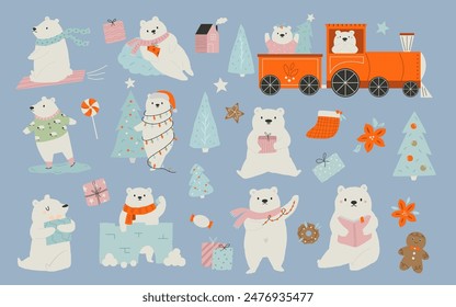 Big set with holiday, festive polar bears engaged in winter activities. Christmas kit with cute characters