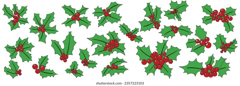 Big set of holly berries colored outline. Hand drawn holly berry isolated on white background. Holly berries with leaves icons collection. Vector illustration.