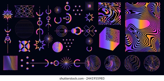 Big set of holographic futuristic geometric elements on a dark background.