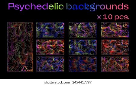 Big set of holographic retrofuturistic backgrounds with psychedelic neon wavy op-art pattern.