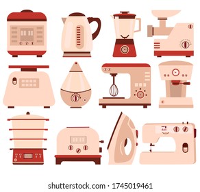 Big set of home appliances. Slow cooker, iron, coffee machine, meat grinder, kitchen scale, blender, sewing machine, toaster. Flat vector illustration. Kitchen utensils. Icon