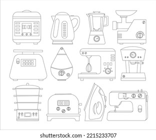 Big set of home appliances. Slow cooker, iron, coffee machine, meat grinder, kitchen scale, blender, sewing machine, toaster. Outline vector illustration. Kitchen utensils. Icon