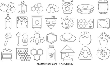 Big set of honey, propolis and beekeeping line vector icons on a white background 