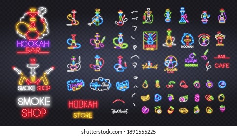 Gran conjunto de letreros de neón del bar Hookah, carteles brillantes, banner luminoso. Logo de Hookah, emblema. Ilustración del vector