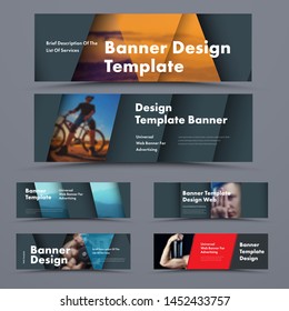 Big set of horizontal black web banners in the style of material design with space for photos and soaring elements with shadow. 
Standard size templates for advertising and business.