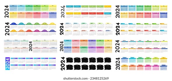 Gran conjunto de calendarios horizontales para 2024 aislados en un fondo blanco. De domingo a lunes, plantilla de negocios. Ilustración del vector