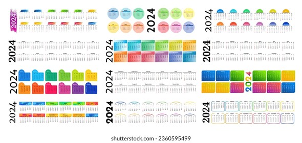 Big set of horizontal calendars for 2024 isolated on a white background. Sunday to Monday, business template. Vector illustration