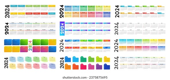 Big set of horizontal calendars for 2024 isolated on a white background. Sunday to Monday, business template. Vector illustration
