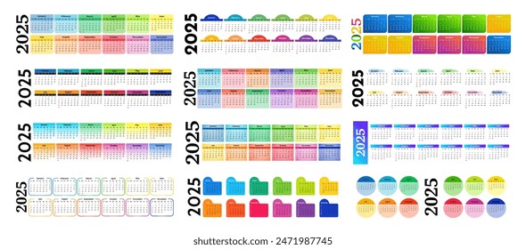 Big set of horizontal calendars for 2025 isolated on a white background. Sunday to Monday, business template. Vector illustration