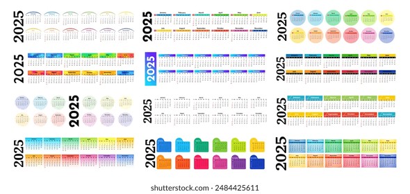 Gran conjunto de calendarios Horizontales para 2025 aislados sobre un fondo blanco. De domingo a lunes, Plantilla de negocios. Ilustración vectorial
