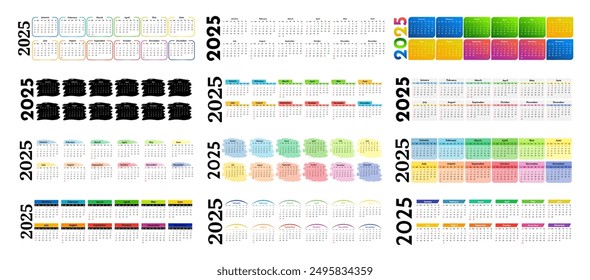 Big set of horizontal calendars for 2025 isolated on a white background. Sunday to Monday, business template. Vector illustration