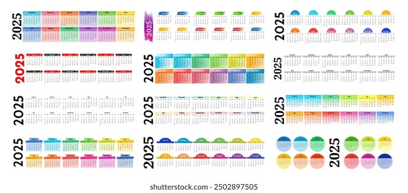 Big set of horizontal calendars for 2025 isolated on a white background. Sunday to Monday, business template. Vector illustration