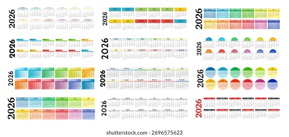 Big set of horizontal calendars for 2026 isolated on a white background. Sunday to Monday, business template. Vector illustration