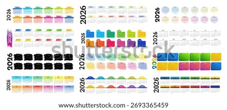Big set of horizontal calendars for 2026 isolated on a white background. Sunday to Monday, business template. Vector illustration