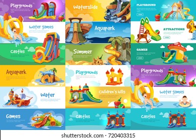 Big set of horizontal web banners with playgrounds and water parks. Illustrations with inflatable castles. Vector template for designers with place for your text