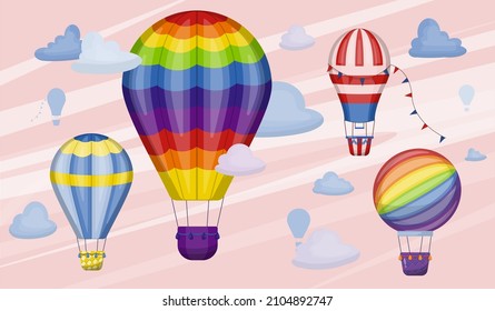 Big set of hot air balloons with clouds. Flat illustration of flying vehicles. Romantic balloons. Sky with tourist balloons for flight. Cartoon style