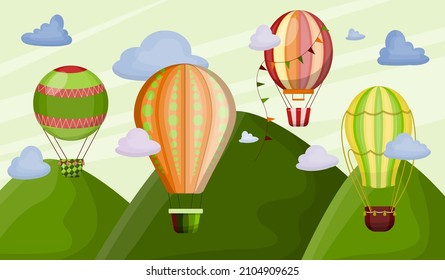 Big set of hot air balloons with clouds. Flat illustration of flying vehicles. Romantic balloons. Sky with tourist balloons for flight. Cartoon style