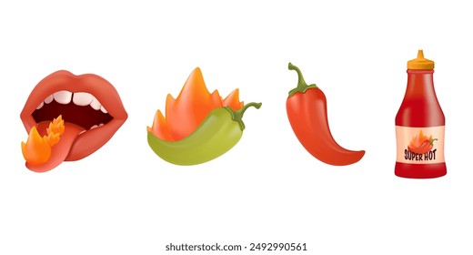 Un gran juego de salsas picantes. Pimientos picantes rojos y verdes. Varios aderezos picantes, mayonesa, salsa. Ardiendo. Botellas diferentes. Ilustración vectorial de color estilo 3D. Todos los Elementos están aislados