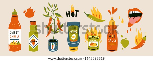 Big set of hot Chilli sauces. Red and green Hot\
Chili peppers. Various spicy dressings, mayo, salsa. Burning hot.\
Different bottles. Hand drawn colored vector illustration. All\
elements are isolated