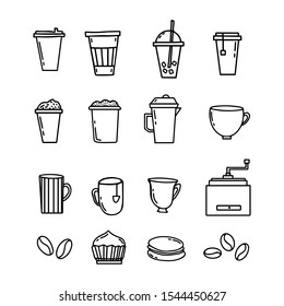 Big set hot and cold winter or autumn drinks and Sweets, Cups in different styles. Coffee, tea, fresh, macaroon, cake,Coffee grinder,beans. Design menu cafe,restaurant,Kitchens in the office. Vector.