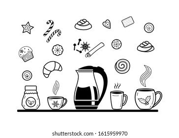 Big set of hot drinks and desserts elements. Coffee, Tea and dessert Related Line Icons. Tea pots and tea cups vector elements for greeting cards, posters, stickers, seasonal design. Isolated on white