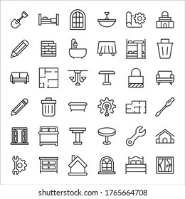 Gran conjunto de iconos de la línea de la casa. Ilustración vectorial aislada en un fondo blanco. Símbolos de calidad premium. Iconos vectoriales de trazo para el concepto o gráficos web. Sencillos signos de línea delgada. 