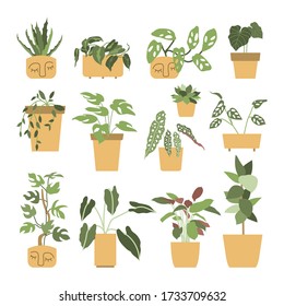 Big set with house plants in yellow flower pots. Urban jungle, home gardening. Hand drawn vector illustration in flat cartoon style. Perfect for poster, sticker, print, card