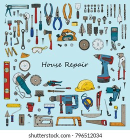 Big set of house repair tools including: hammer, sledgehammer, spatula, brush, nail, screw, nut, wrench  and other tools. Hand drawn vector collection