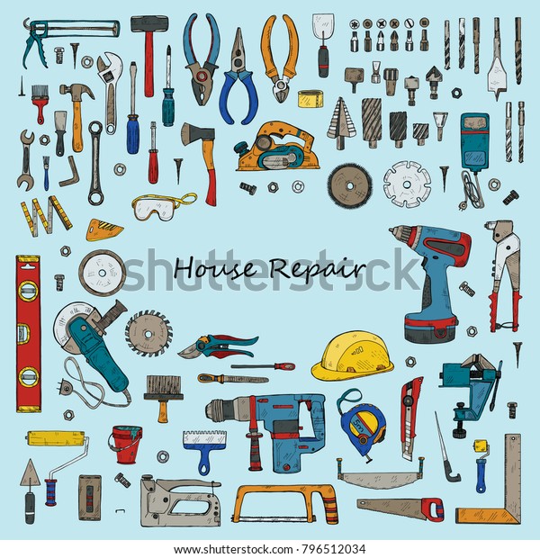 Big set of house repair tools including:\
hammer, sledgehammer, spatula, brush, nail, screw, nut, wrench  and\
other tools. Hand drawn vector\
collection