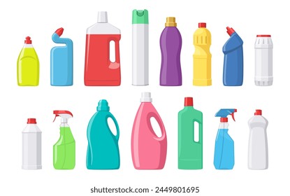 Big set of household chemical. Bottles sprayers and other. Vector illustration