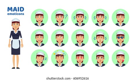 Big set of housemaid emoticons. Maid emojis showing different facial expressions. Happy, sad, smile, laugh, surprised, serious, angry, dazed, in love and other emotions. Simple vector illustration