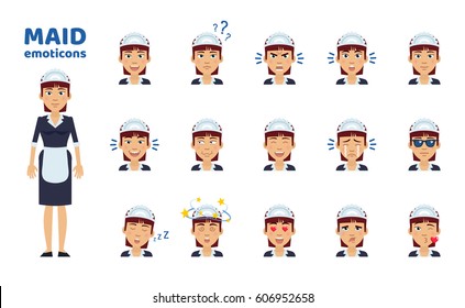 Big set of housemaid emoticons. Maid emojis showing different facial expressions. Happy, sad, smile, laugh, surprised, serious, angry, dazed, in love and other emotions. Simple vector illustration