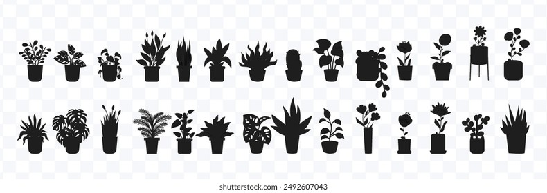 Big Set of houseplant silhouette. Hand drawn houseplants silhouette isolated on white background. Vector illustration.