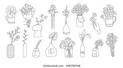 Big set of houseplants, tropical leaves in trendy modern pots. Home decor elemetns. Indoor plants. Simple elegant linear style. Outline vector illustrations.