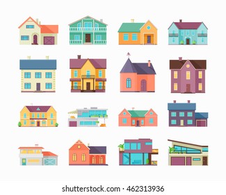 Big set of houses, buildings and architecture variations isolated on white. Countryside or city architecture. Part of series of modern buildings in flat design style. Real estate concept. Vector