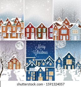 Big set of houses covered in snow in daylight and night. Merry christmas and moon. Holiday vector