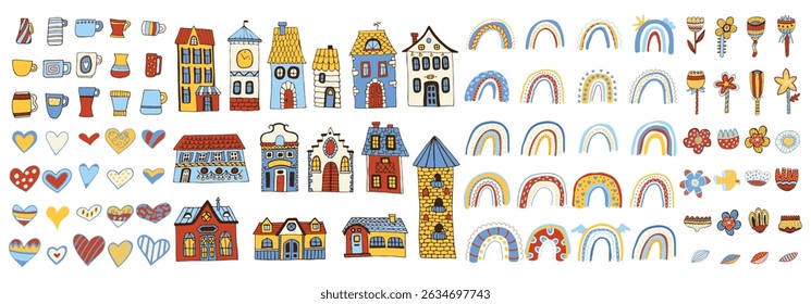 Big set of houses, hearts, rainbows, flowers. Set of cute stickers. Colorful bright elements for your design. Vector illustration