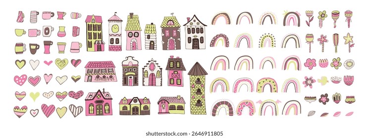 Big set of houses, hearts, rainbows, flowers. Set of cute stickers. Colorful bright elements for your design. Vector illustration