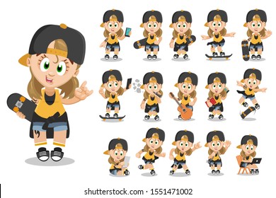 Big set with hoyden, sportive teenager, energetic student, skateboarder. Tomboyish girl doing tricks on skateboard, spending time with book, laptop, guitar, smoking, speaking. Vector cartoon.