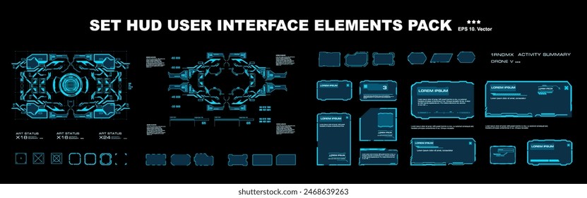 Big set of HUD elements. Frames with GUI, UI user interface information and data. Modern dialog boxes and HUD interface elements. Templates with vector set elements