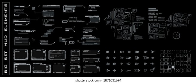 Big set HUD elements for the user interface. Frames, callouts, arrows, pointers, scales, bars, navigation targets, complex combined elements for HUD interface. Vector