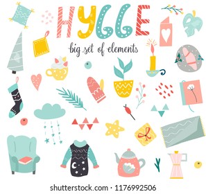 Big set of Hygge elements in scandinavian style.