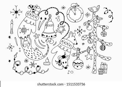 Big set of Hygge icons. Hand drawn vector illustration in scandinavian style. Winter, Cristmas and New Year elements for greeting cards, posters, stickers and seasonal design.