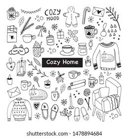 Big Set Of Hygge Icons. Warm And Cozy Hand Drawn Vector Illustration In Scandinavian Style. Winter Elements  For Greeting Cards, Posters, Stickers And Seasonal Design.