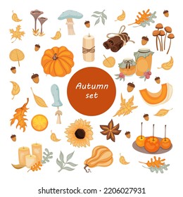 Big set of Hygge icons. Warm and cozy hand drawn vector illustration in scandinavian style. Autumn elements for greeting cards, posters, stickers and seasonal design.