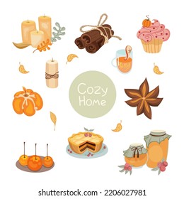 Big set of Hygge icons. Warm and cozy hand drawn vector illustration in scandinavian style. Autumn elements for greeting cards, posters, stickers and seasonal design.