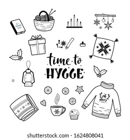 Big set of hygge lifestyle cozy elements. Time to Hygge. Winter elements for greeting cards, posters, stickers and seasonal design. Isolated on white background. Christmas decorations